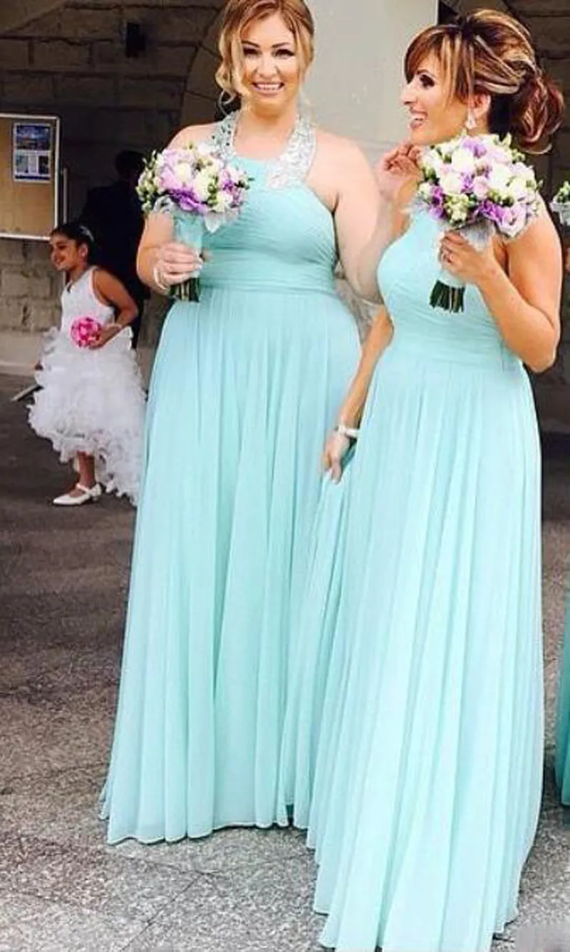 Mint Groene Halter Hals Chiffon Bruidsmeisjes Jurken Lange Prom Dress Maid of Honour Feestjurken voor Bruiloft Goedkope gastjurken