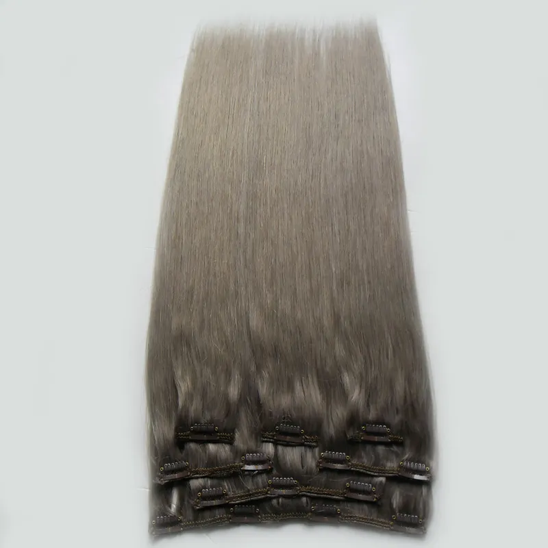 Haarverlängerungen der menschlichen Haarverlängerung blonde graue Haarverlängerungsclip in 100g brasilianische reine Haarclip-Ins gerade