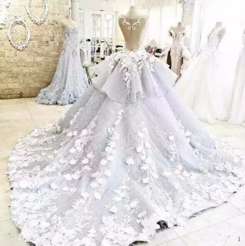Luksusowe 3D-Floral Aplikacje Suknie ślubne 2017 Sheer Neck Bez Rękawów Peplum Ball Suknia Bridal Suknie Ślubne Custom Made Illusion Back Vestidos