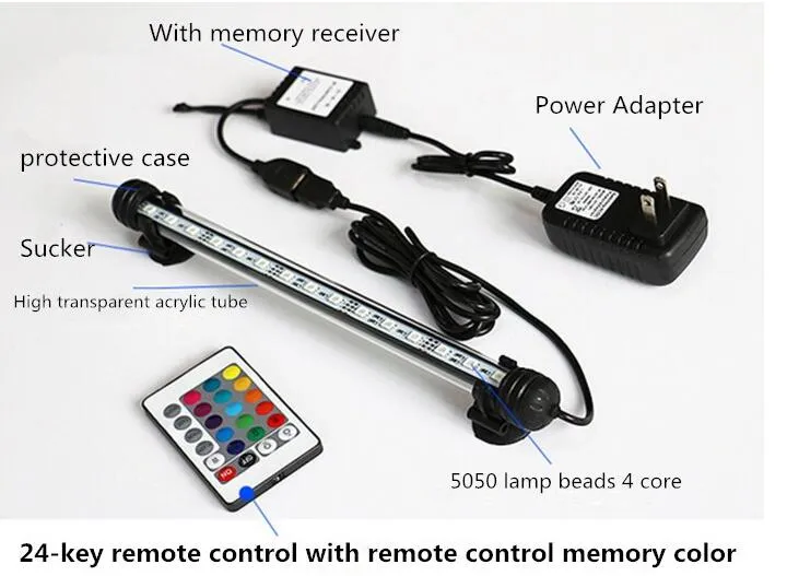 수족관 물고기 탱크 LED 빛 미국 EU 플러그 RGB 색상 원격 제어 낚시 표시 줄 바 잠수정 방수 클립 램프 장식