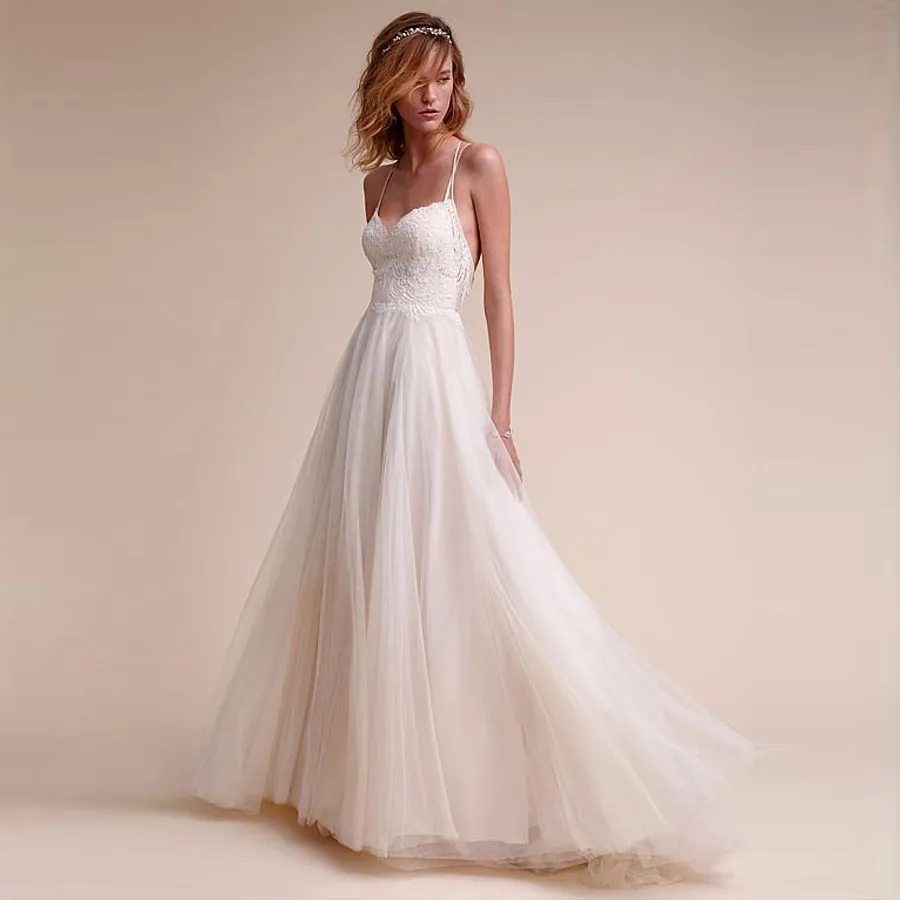 Charmeuse bretelles Spaghetti a-ligne robes de mariée avec Appliques en dentelle dos ouvert élégant robe de mariée en Tulle vestidos de casamento