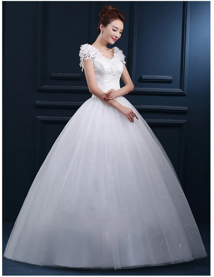 Ivory Lace short sleeve wedding dress - V Neck, Floor Length, Beaded, Sleeves, Backless Applique, In Stock