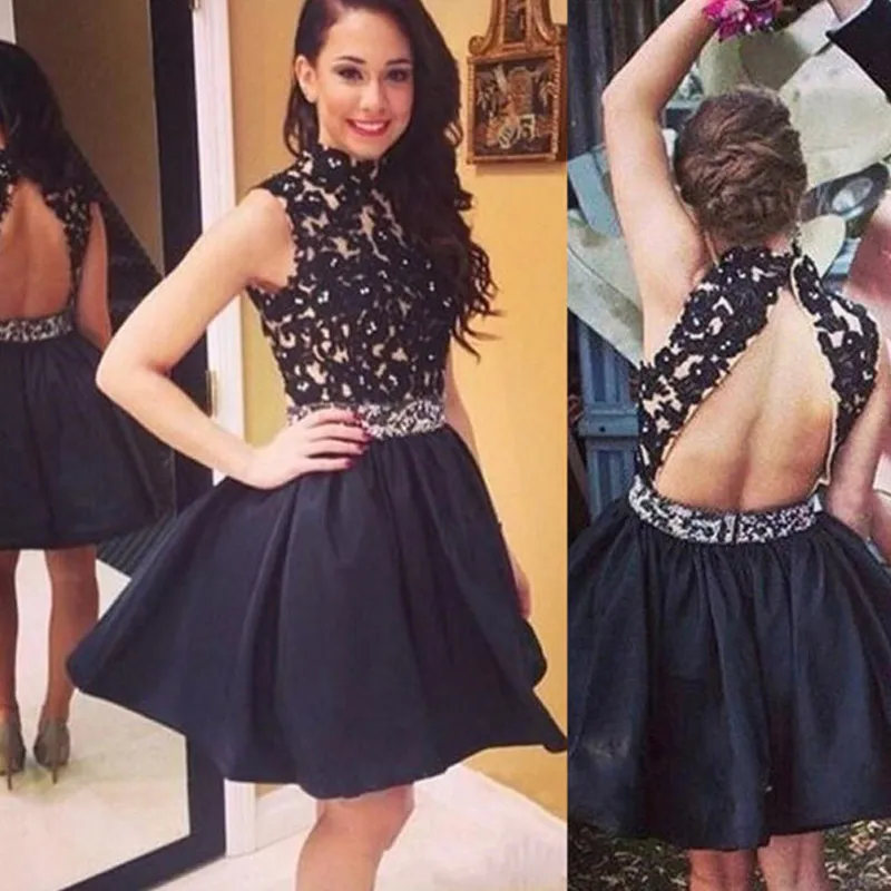 Vestidos de festa curta populares uma linha alto pescoço negro nudited lace apliques sexy backless vestido formal homecoming vestidos de formatura