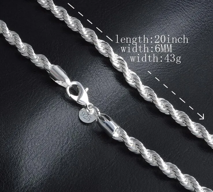 Classic Man woman Hemp flowers Necklace plating 925 silver 6mm Twisted ROPE CHAIN Necklace Couples Necklace 20inch 