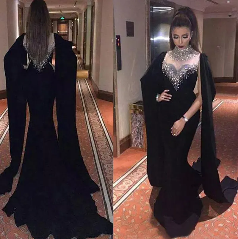 2017 Haifa Wahbe robes de soirée noires perlées sexy style cape dernières robes de soirée sirène Dubaï robes de soirée arabes images réelles EN9188