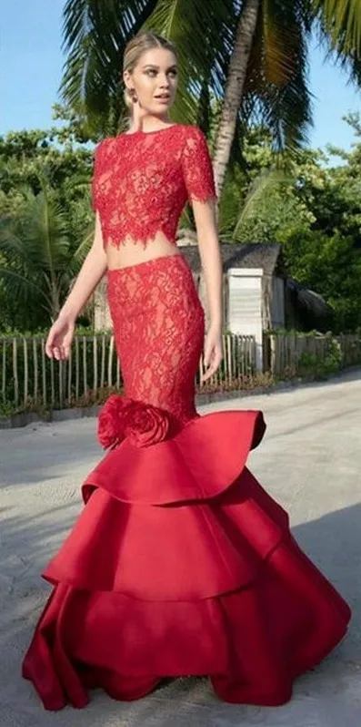 All Red Lace Mermaid Two Pieces Prom Dresses 2023 With Short Sleeves Layered Satin Long Formal Evening Party Gowns Vestido De Festa