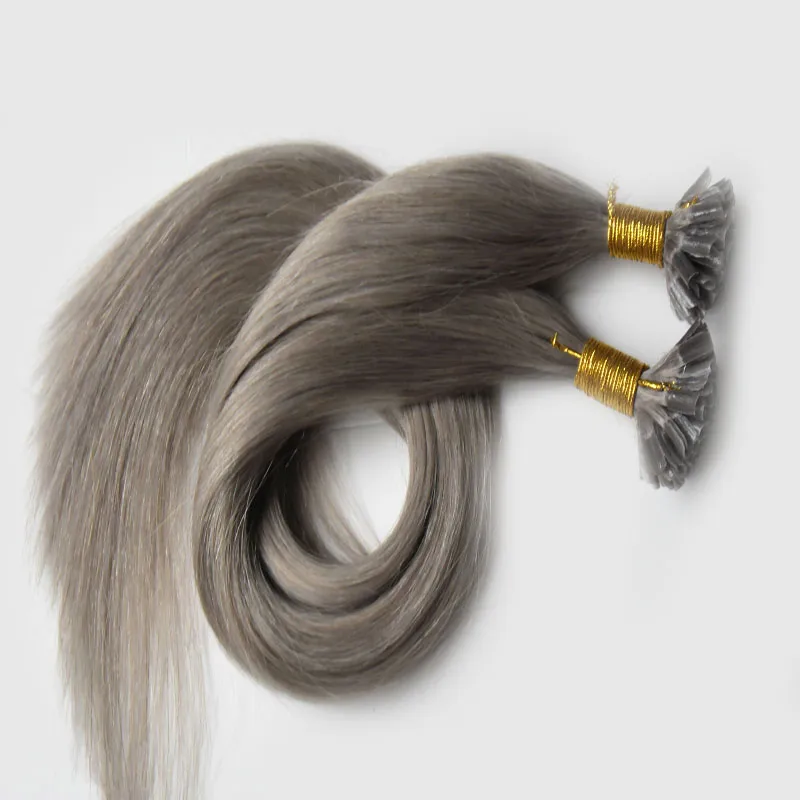 Extensiones de cabello gris plateado Extensiones de cabello humano liso brasileño fusión en u punta 100s Extensiones de cabello humano preunidas 100g