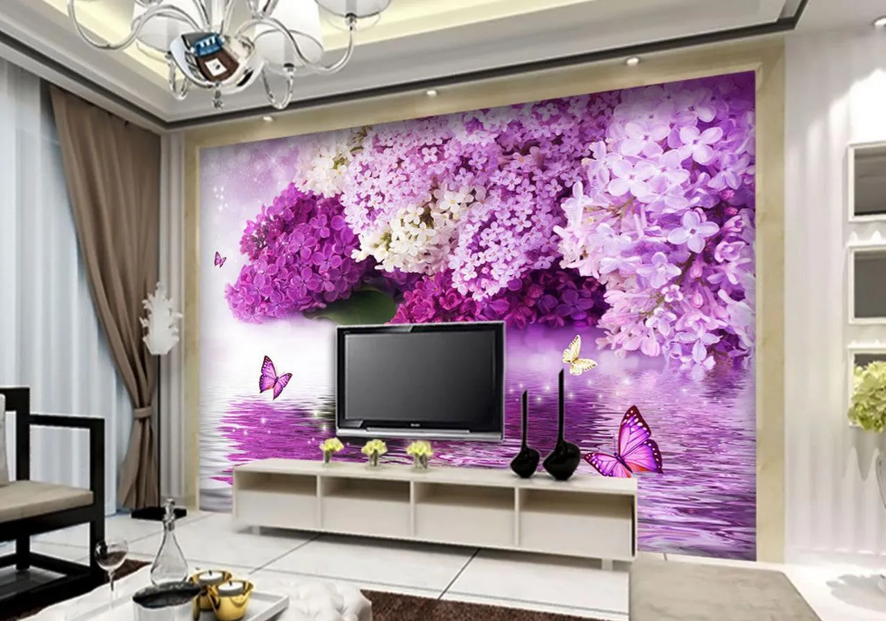 Foto Personalizza dimensioni 3D Classic Home Decor Viola fiore acqua lingua riflessione farfalla sfondo muro