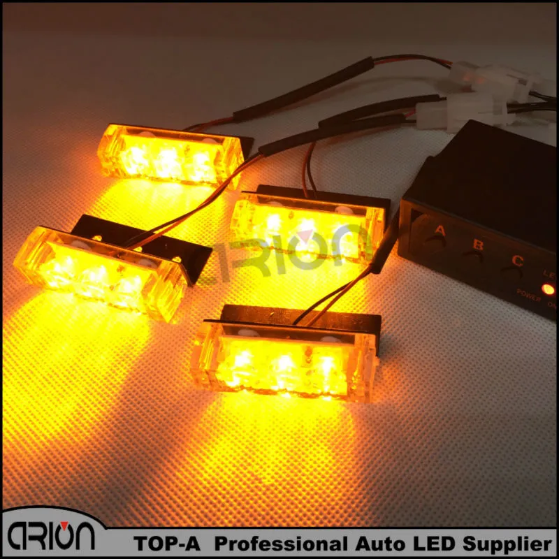 4x3 12 LED Car motocicleta flash Light Strobe Aviso EMS Caminhão De Bombeiros De Polícia Piscando Luzes Da Grade DC 12 V Âmbar Amarelo