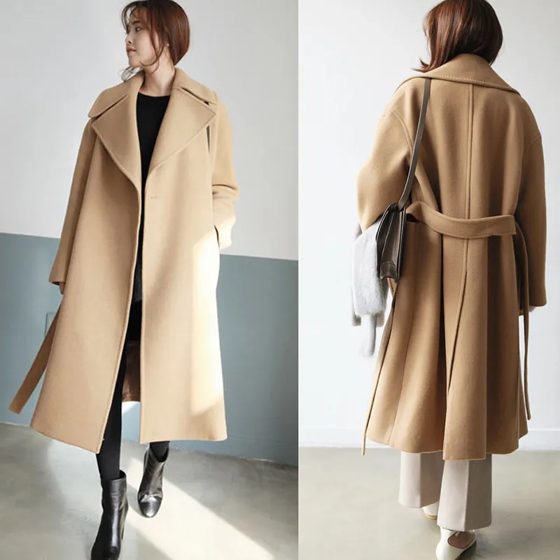 Plus Size Loose Beige Womens Winter Jackor och Coats Long Ull Coat Kvinnlig Kläder Avstängning Krage Cardigan Overcoat Wuj1048