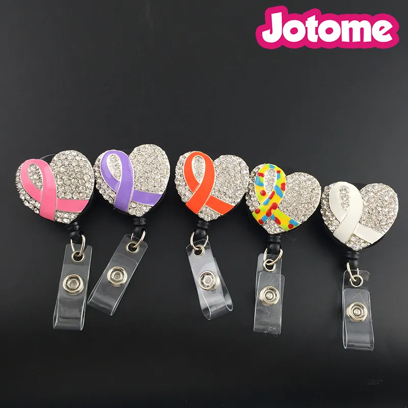 Rhinestone Rosa / Lila / Vit / Orange / Autism Ribbon Heart Retractable Badge Reel / ID Badge Holder / Brosch / Hängsmycke