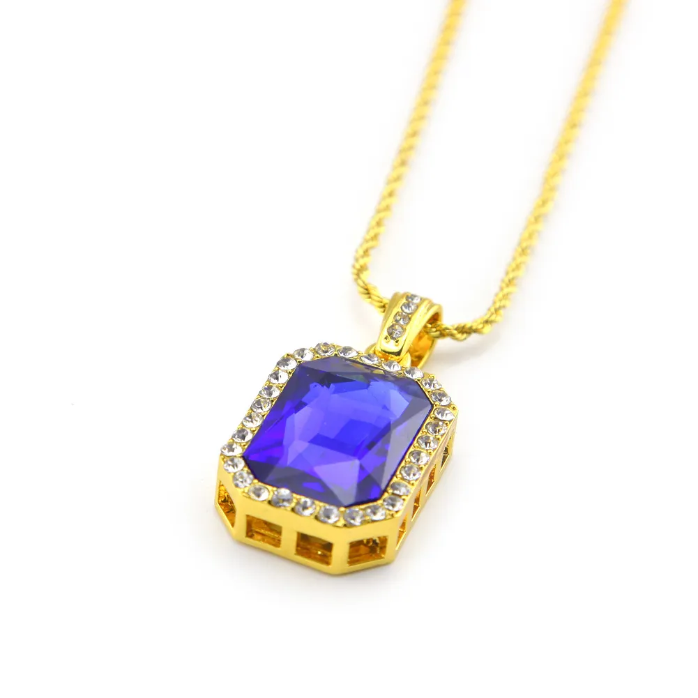 Hip Hop Jewelry Square Ruby Sapphire Red Blue Green Black White Gems Crystal Pendant Necklace 24 Inch Gold Chain For Men Fashion J8749896