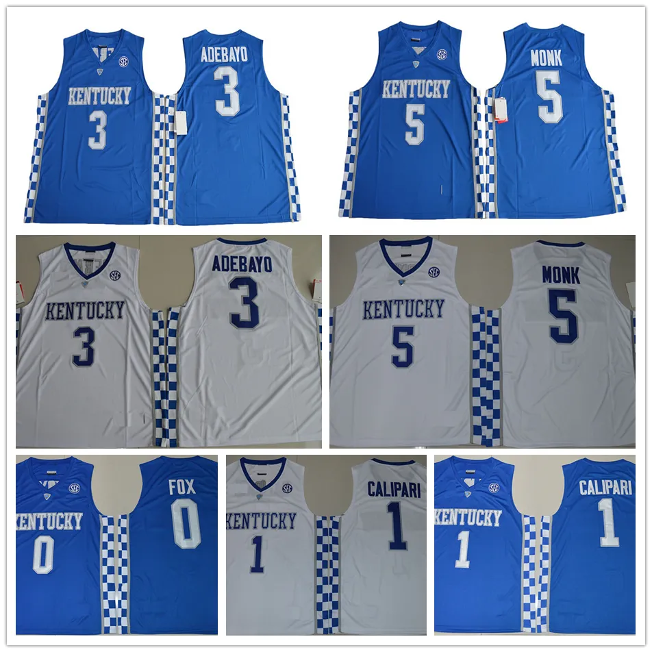 NCAA Kentucky Wildcats College Basketball Jerseys 5 Malik Monk 3 Edrice Adebayo 1 trener John Calipari 0 Deaaron Fox University koszulka