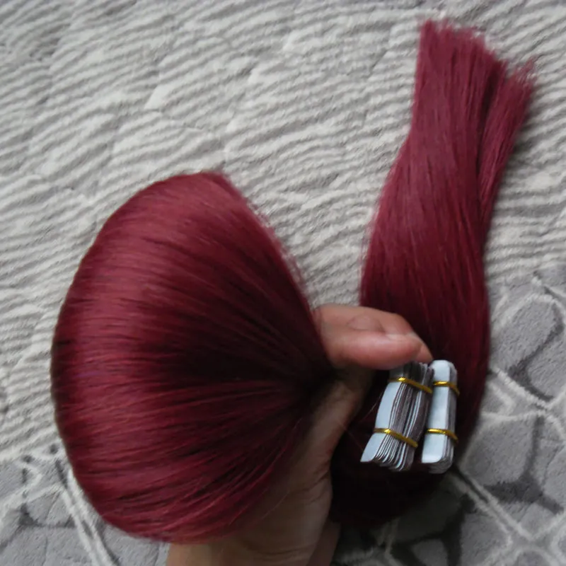 Use of human hair Tape in hair extensions #99J Red Wine Straight 100g skin weft tape hair extensions