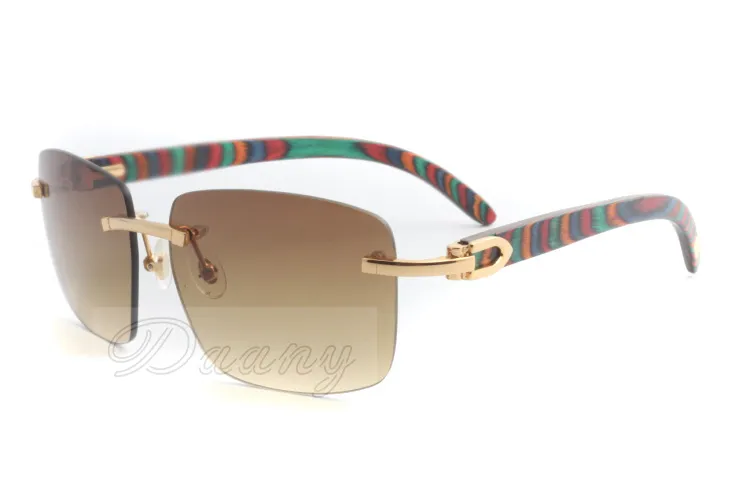 Hochwertige, rahmenlose quadratische Sonnenbrille, 3524012-A-Brille im Modestil, natürlicher Pfau, Spiegelbeine aus Holz, Sonnenbrille