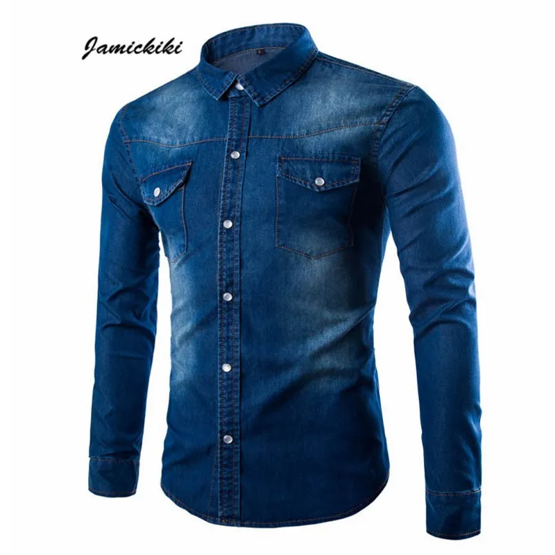 Hurtownia - 2016 Czarny Niebieski Denim Myted Kolor Wiosna Jesień Odzież męska Pełna Rękaw Koszula Casual Single Breasted Jean Shirts Mężczyźni