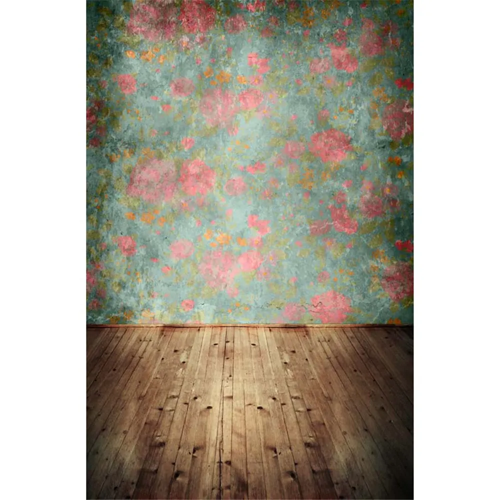 Digital Painted Pink Floral Wallpaper Vinile Fondali Bambini Bambini Interni Servizio fotografico Sfondi Vintage Pavimento in legno marrone