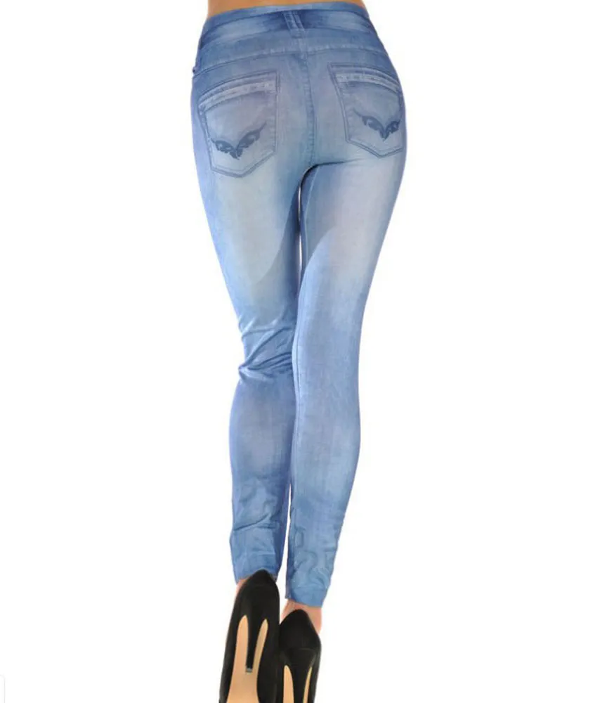 Faux jean imprimé taille unique pour femme, legging moulant sans couture, pantalon court serré, HY9063BE