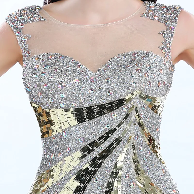 Stunning Golden Sequined Prom Dresses Sheer Neckline Sleeveless Shinny Crystal Backless Mermaid Evening Gowns Gorgeous Celebrity P8047912