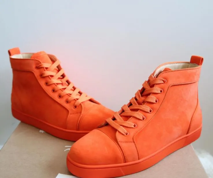 Super Qualität Orange Suede Leder Turnschuhe Schuhe Red Bottom Frauen / Männer Mode Hightop Casual Walking Party Dress Trainer Größe 35-47