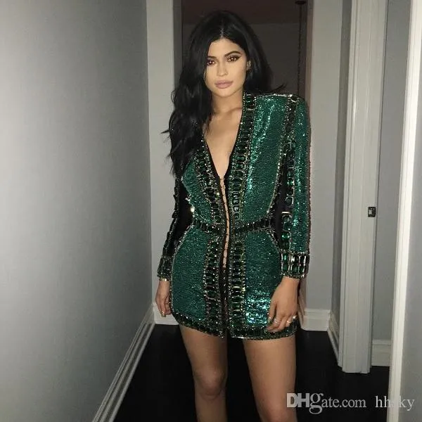 Celebrity dress Evening dress Labourjoisie V-Neck Long sleeve Green Sequines Coat Yousef aljasmi Kylie Jenner Zuhair murad Kim kardashian