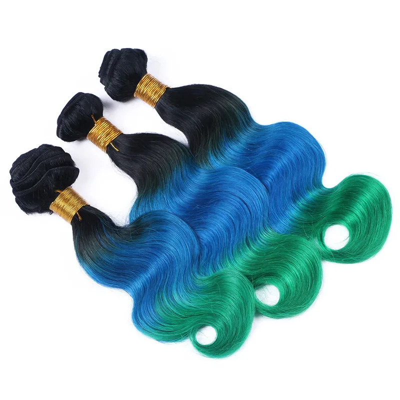 1B Blue Green Dark Root Ombre Brazilian Human Hair Bundles Body Wave Virgin Remy Human Three Tone Ombre Hair Weaves Extensions
