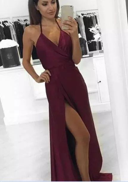 2017 Sexig Backless Burgundy Prom Klänningar Lång Billiga Halter Elastic Silk Som Satin Side Split Lår Formell Party Gowns Custom Made EN8107