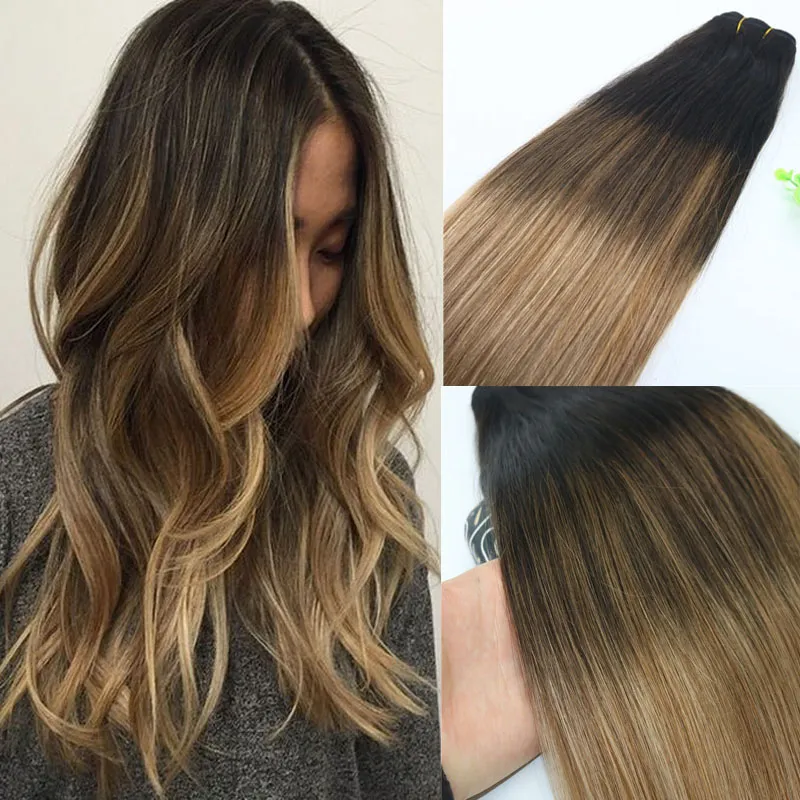 8A 100Gram Braziliaanse Virgin Haar Menselijk Haar Inslag Ombre Medium Bruin Met Ash Blonde Balayage Hoogtepunten