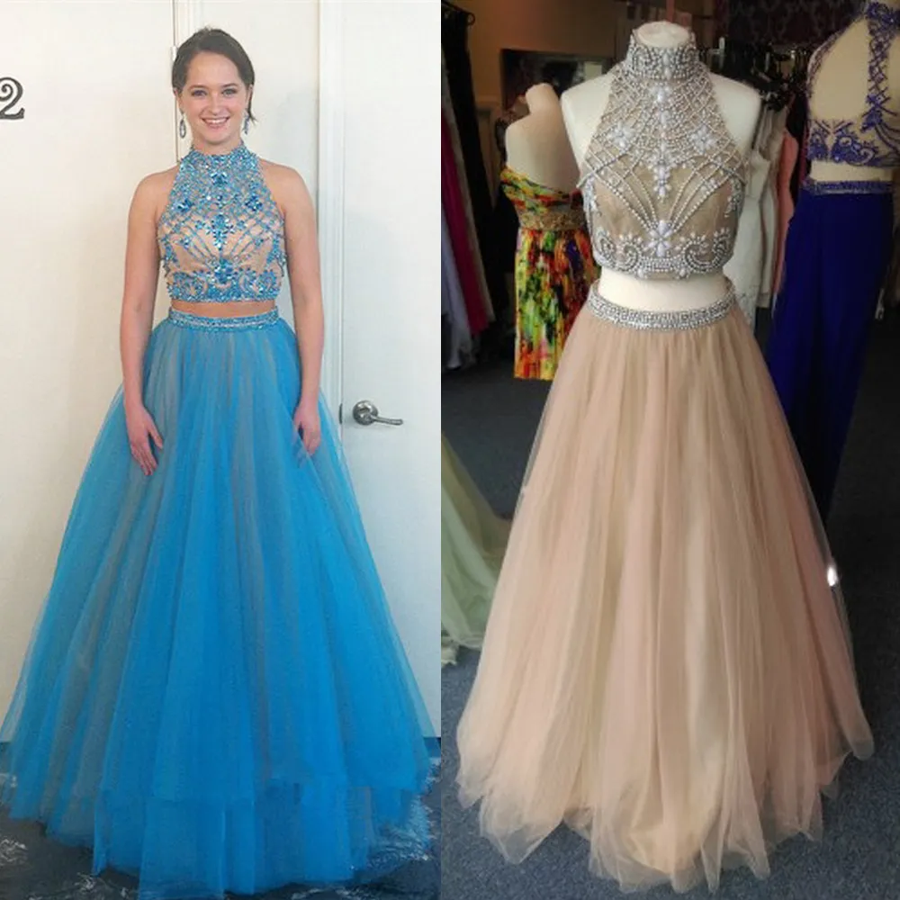 Glamorös hög nacke pärlor Tulle Aftonklänning Tvåbitar Handkristaller Två Pieces Prom Dress Graduation Dress Patterns