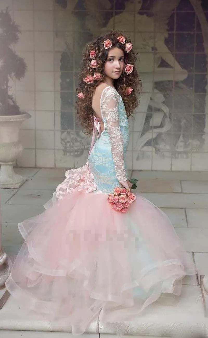 Elegante lange mouwen backless blauw en roze meisjes pageant jurken 2017 kant bloem meisje jurk voor kinderen quinceanera feestjurken 2K17