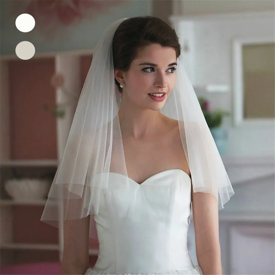 Shoulder Length Wedding Veil Two Layers Simple Bridal Veil with Comb White Ivory Bridal Head Veil Wedding Accessory