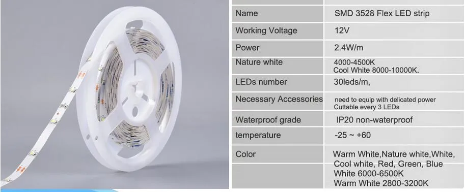 انخفاض سعر 3528 SMD لون واحد بقيادة قطاع مصباح 5M / لفة لا ماء الشريط ضوء 30led / م