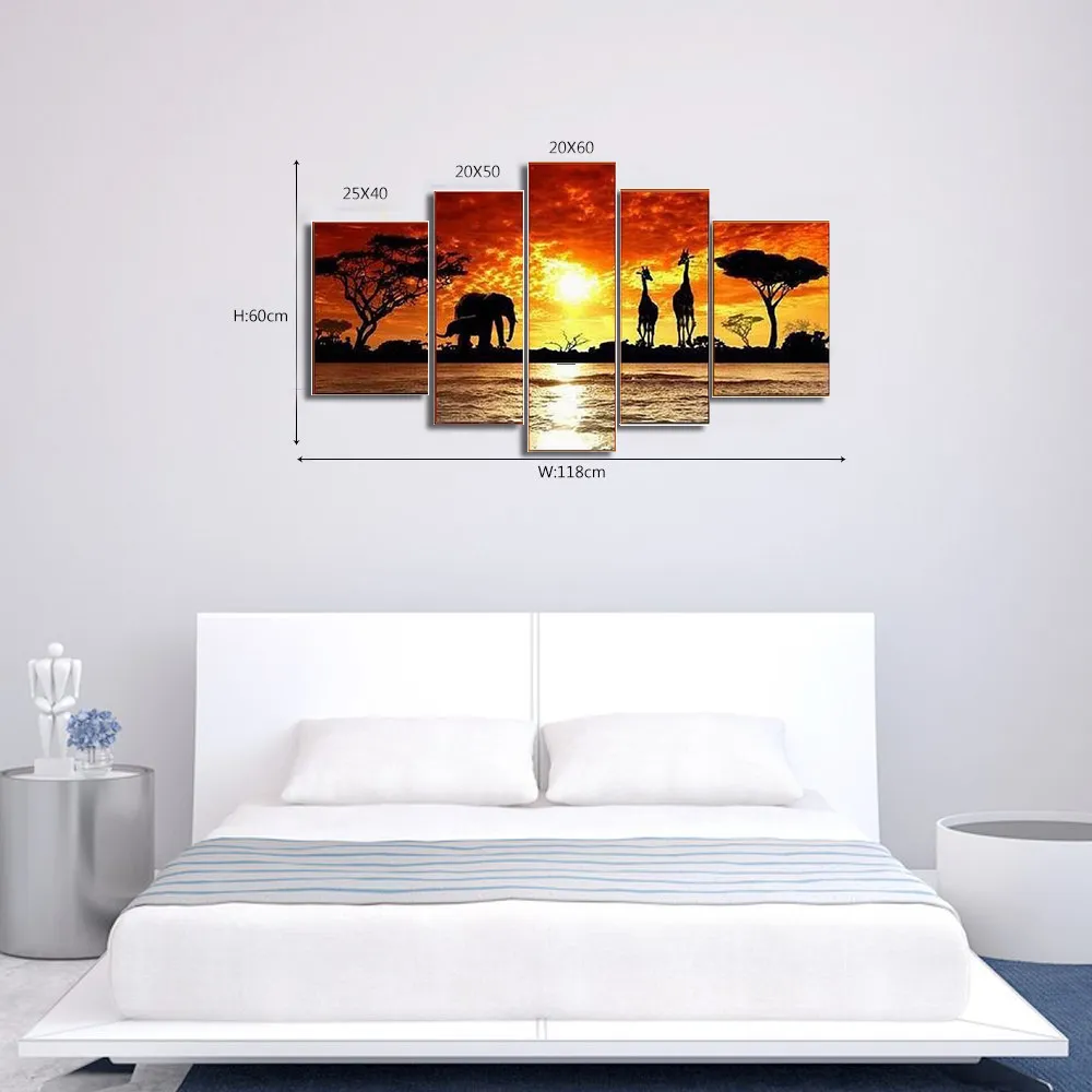 5 Panel Wall Art Decor Hand Painted Canvas Painting African Elephant