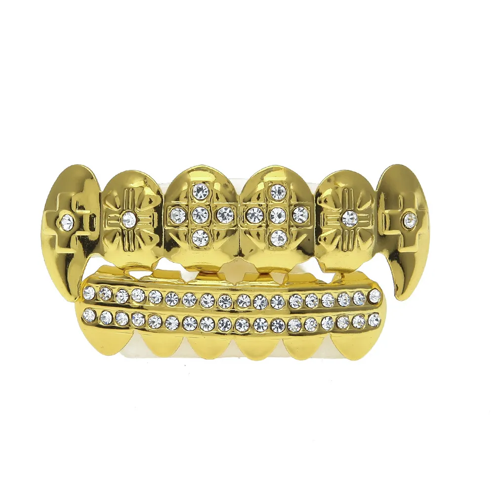 Real Gold Plated CZ Rhinestone Hip Hop Teeth For Mouth GRILLZ Caps Top Bottom Grill Set vampire teeth Party Gift