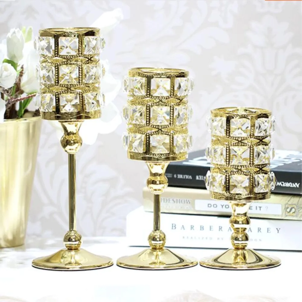 Nieuwe eigenaardige metalen gouden enkele kaars kristallen houder bruiloft tafel kandelabra centerpiece woondecoratie kandelaars 3 grootte