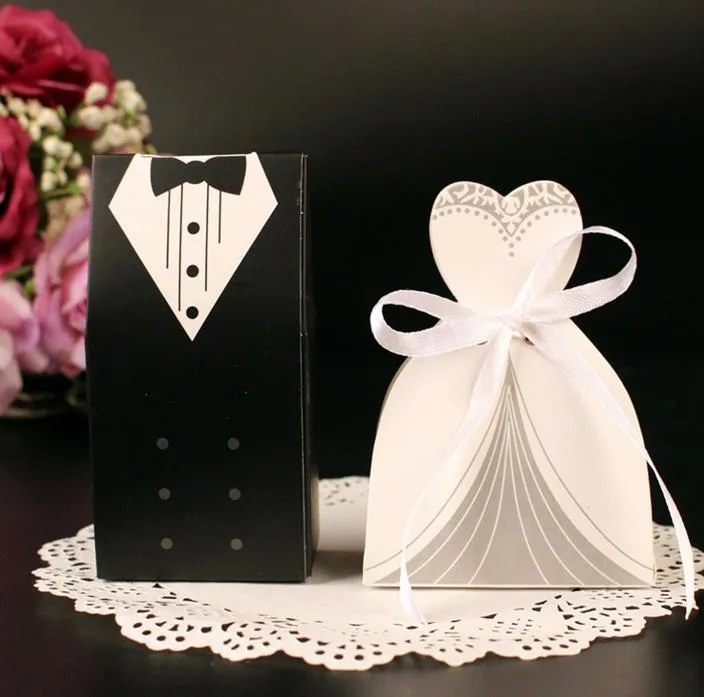 Dress & Tuxedo Bride Groom Wedding Favour Ribbon Candy Bomboniere Box Anniversary Valentine's Day Engagement treats paper boxes