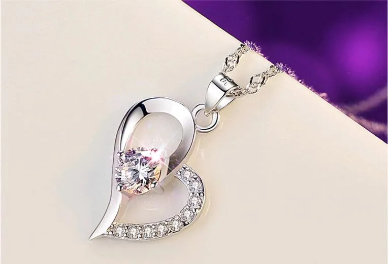 الصلبة 925 الفضة الاسترليني المعلقات على شكل قلب الذهب الأبيض مطلي الماس والمجوهرات قلادة بدون سلسلة الأبيض الأرجواني