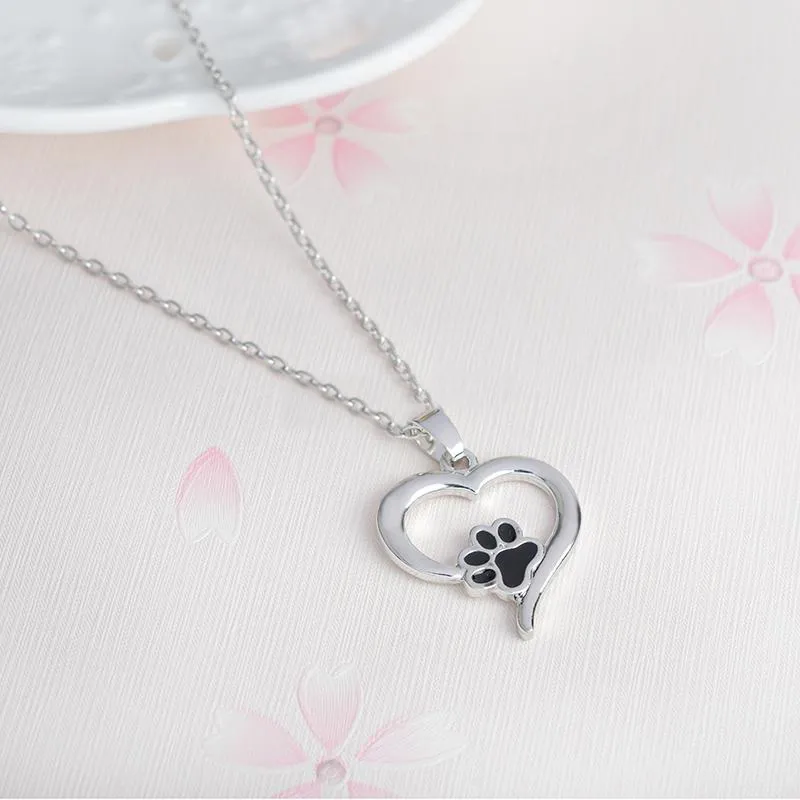 925 Silver Plating Heart Paw Print Necklace Pet Memorial Personality Cat Dog Lovers Necklace Jewelry Wholesale