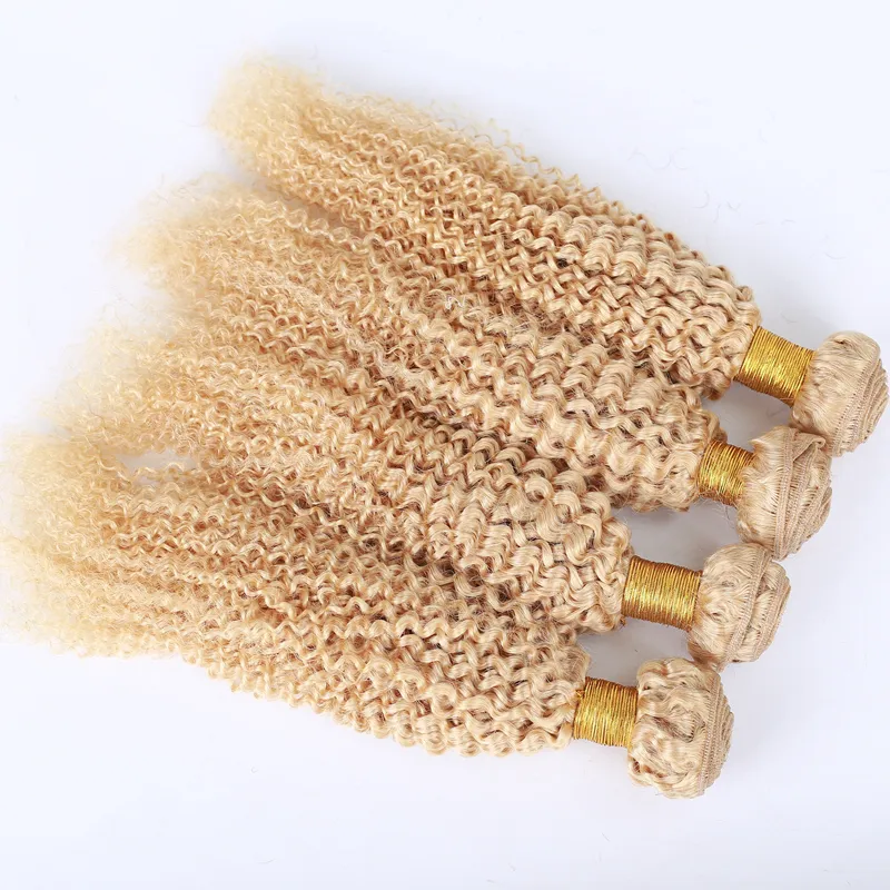 Vendita calda brasiliana vergine pacchi di capelli umani # 613 estensioni dei capelli ricci crespi di colore puro fragola capelli biondi tesse 10-30 pollici