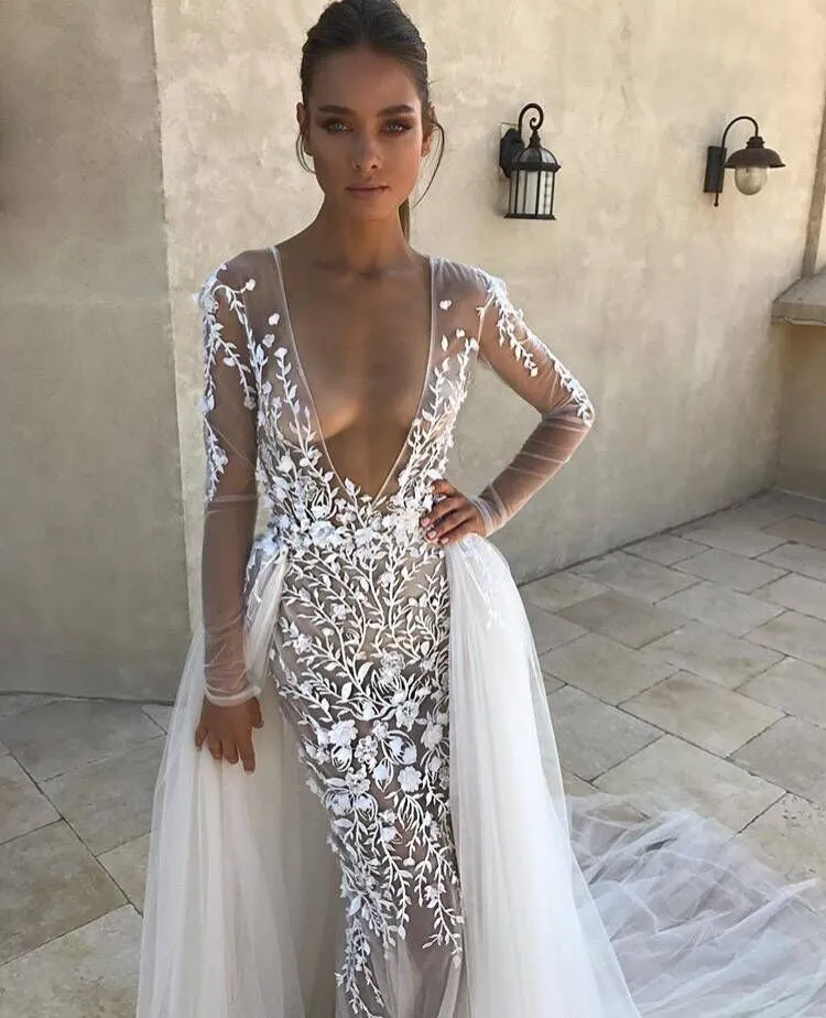 Berta Mermaid Wedding Dresses Applique Plunging Neck Bridal Gowns With Detachable Train Long Sleeve Illusion Wedding Dress Custom Made