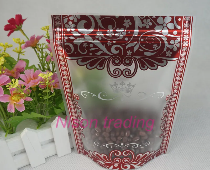 12x20cm standing matte transparent plastic ziplock bag with silver flower printing, coffee bean poly sack, candy red edge pouch