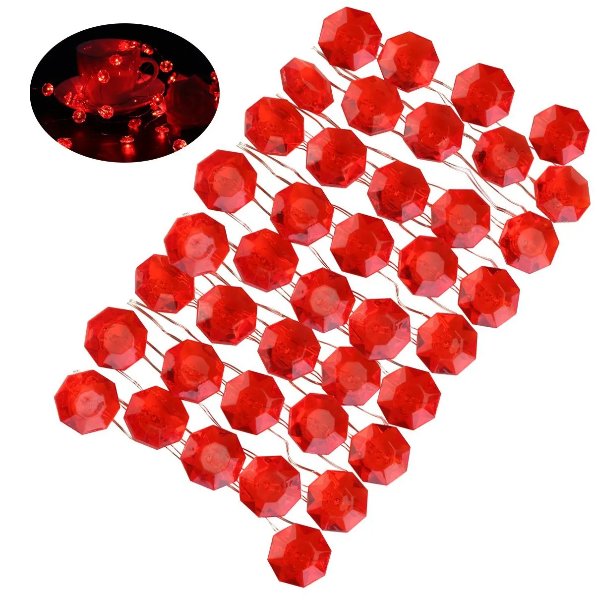 Stringa di San Valentino Luci Filo di rame rosso diamante 10 piedi. Lungo, 40 luci, 7 modalità di illuminazione