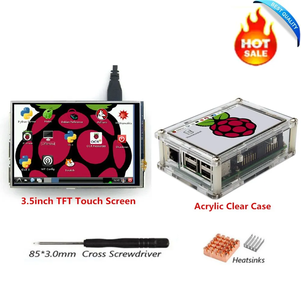 Freeshipping Schermo LCD TFT SPI da 3,5 pollici con Touch Panel 480 * 320 + Custodia trasparente + Dissipatori di calore + Cacciavite per scheda RPi1 / RPi2 / raspberry pi3