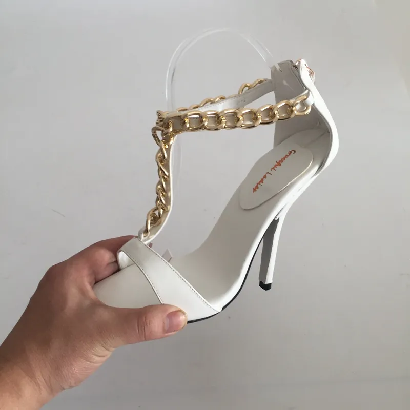 Biały T-Pasek Buty Ślubne Sandal Open Toe High Heels Łańcuch Kostki Sandały Letnie Sandały Heel Heel Buty Bridal Plus Size EU34-46 Kolory niestandardowe