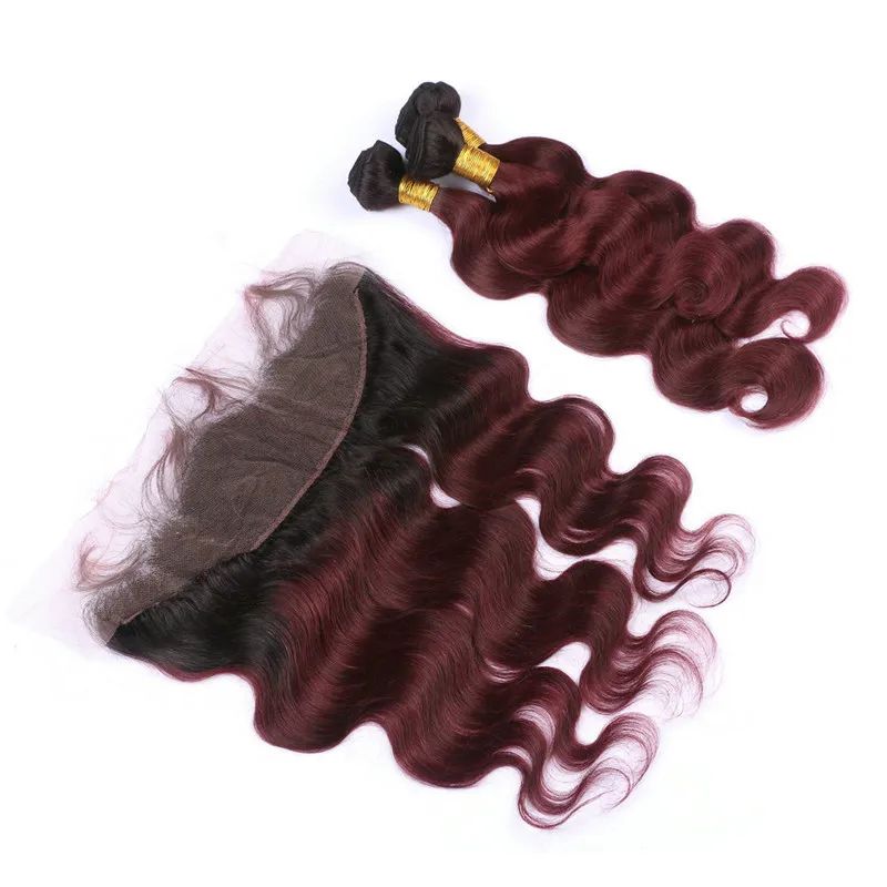 Top Qualité 1B / 99J Vin Rouge Ombre Dentelle Frontale 13x4 Avec Tissages Ondulés Noir et Bourgogne Ombre Péruvienne Vierge Cheveux 3Bundles Avec Frontal