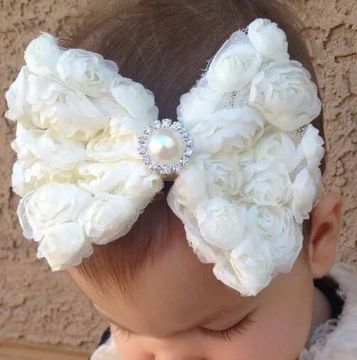 Meninas do bebê Macio Chiffon Rose Flor Big Bow Strass Headband atacado YH413