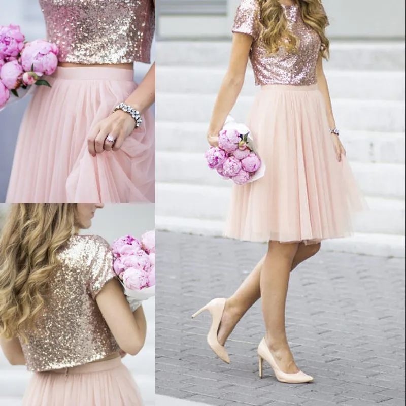 2017 Newest Two Pieces Bridesmaid Dress Sparkly Rose Gold Sequined Blouse Tulle Knee Length Skirt Stylish Separates Junior Bridesmaid Dress