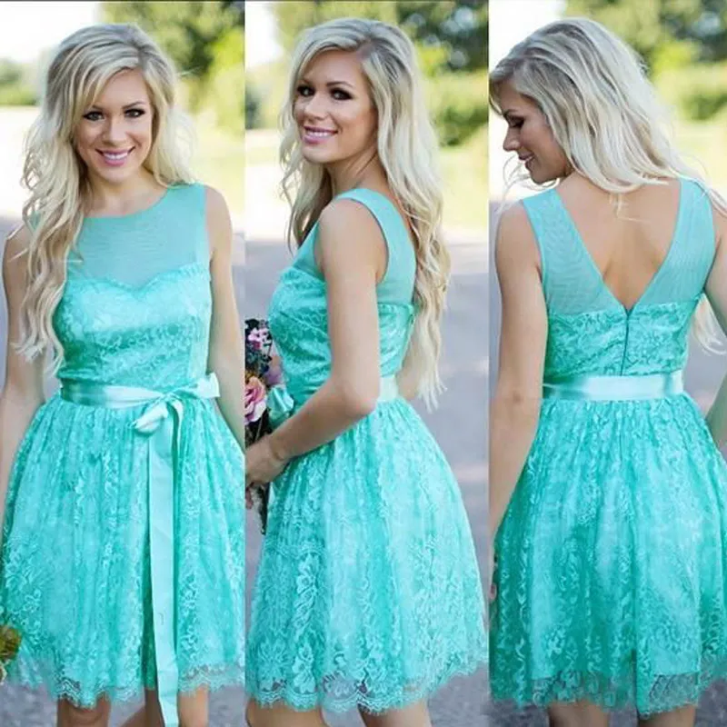 Styl Country Turquoise Druhna Dresses Krótkie Sheer Neck Bez Rękawów Wedding Party Maid of Honor Suknie z Sash Zipper Up Powrót Custom