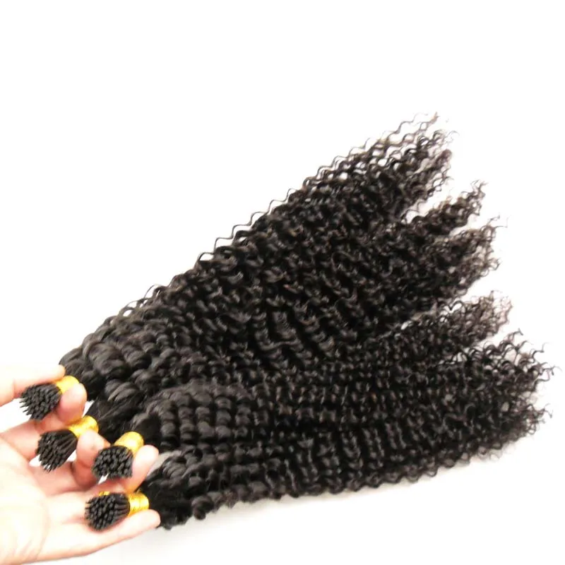 keratin stick tip human hair extensions I Tip hair extensions Natural Color unprocessed brazilian kinky curly hair 200g 1g/strand 200s