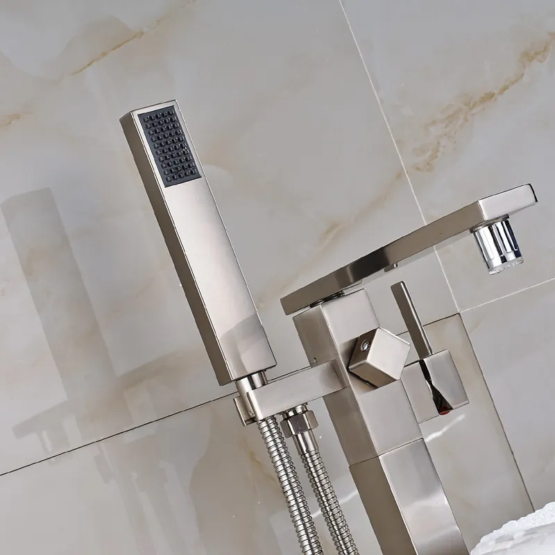 Contemporary Brushed Nickel Polished Single Handle Bathroom Tub Faucet Mixer Tap with Handheld Shower Floor Mounted1996755